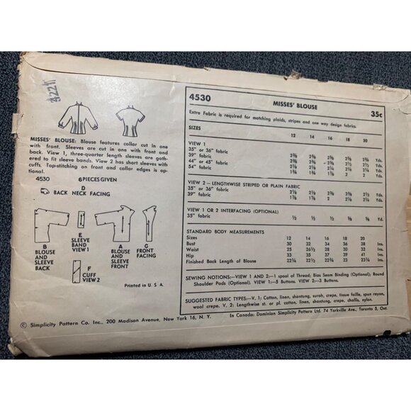 Simplicity Vintage Sewing Pattern 4530 Misses Blouse Size 16 Bust 34 - Picture 3 of 4